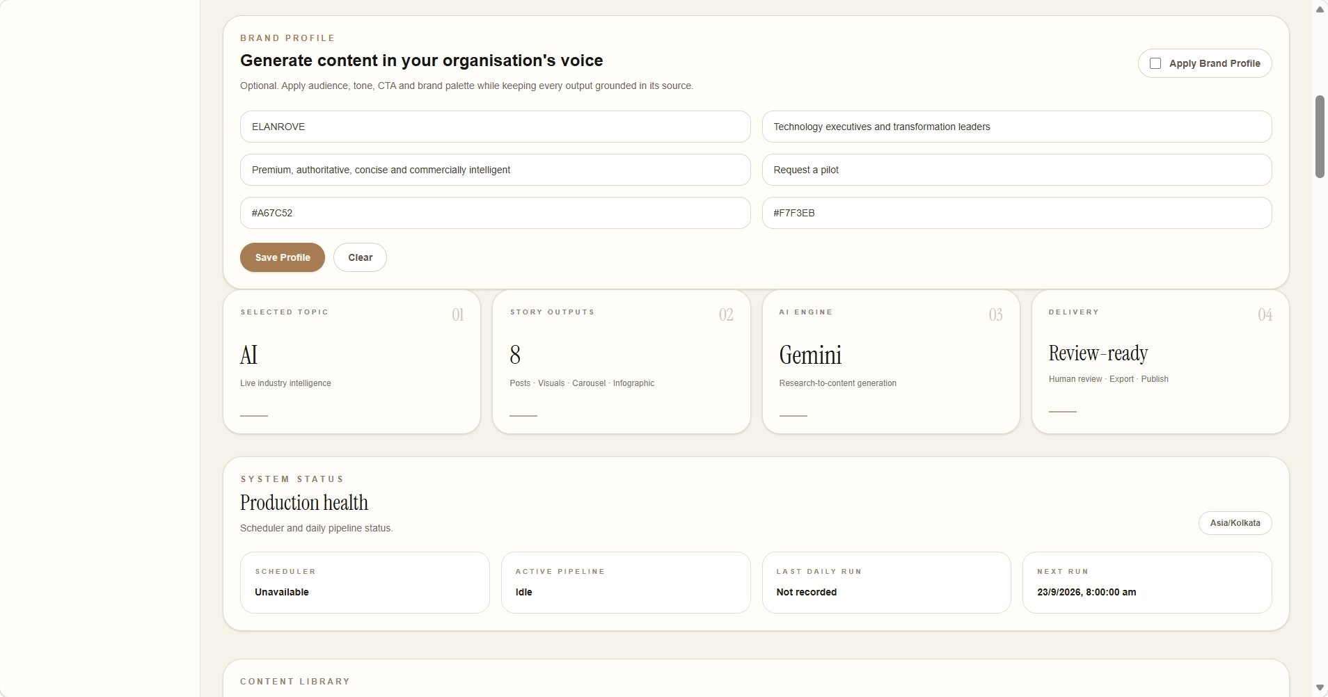 AI Content OS product dashboard